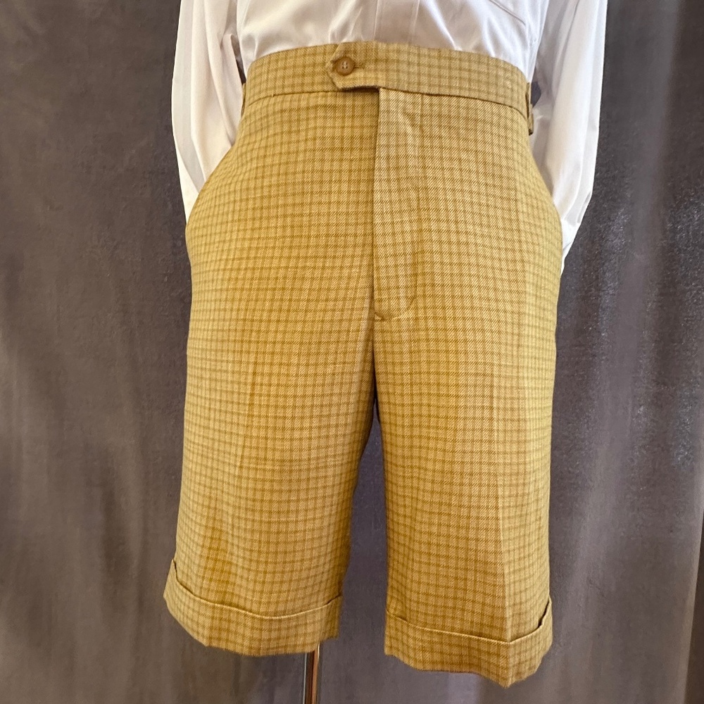 New Henry Jacobson size 34 gold/tan checked wool/silk shorts
